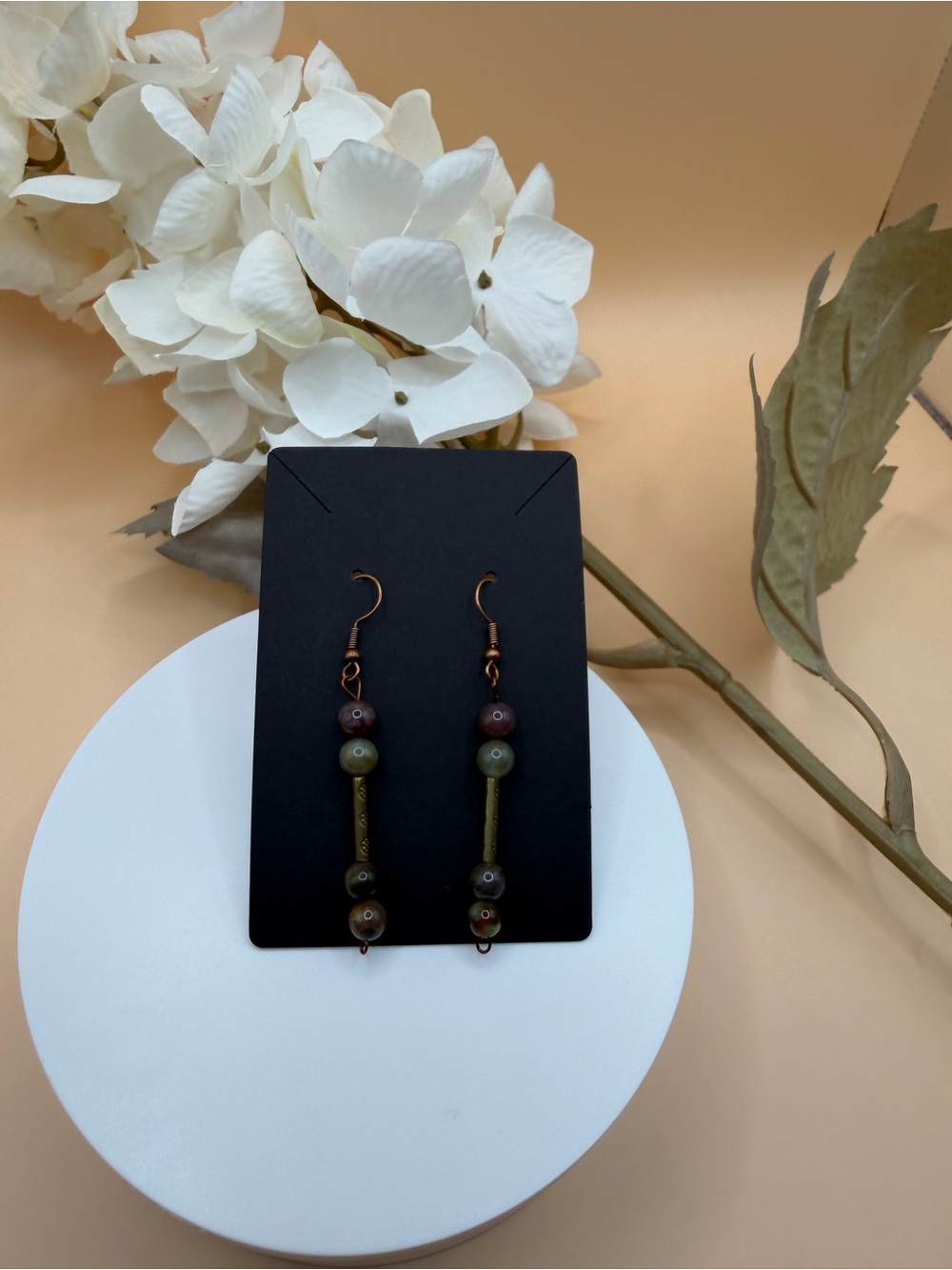 Earthtone Bead Dangle Earrings - Olive & Copper Accent